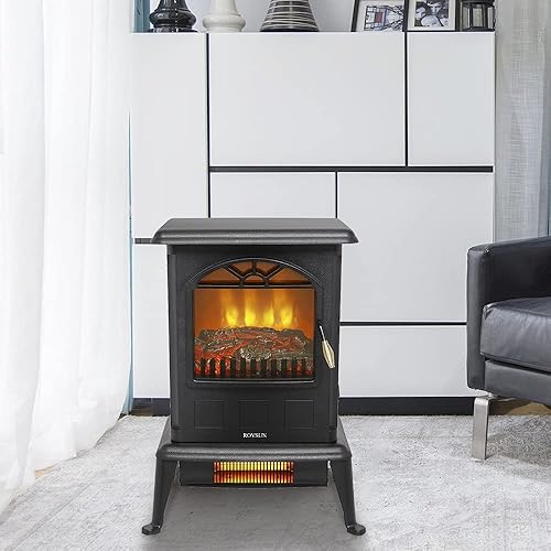 Miniatura 7 de ROVSUN Estufa eléctrica de chimenea, calentador de cuarzo infrarrojo independiente de 22.4 pulgadas con efecto de llama realista, protección contra