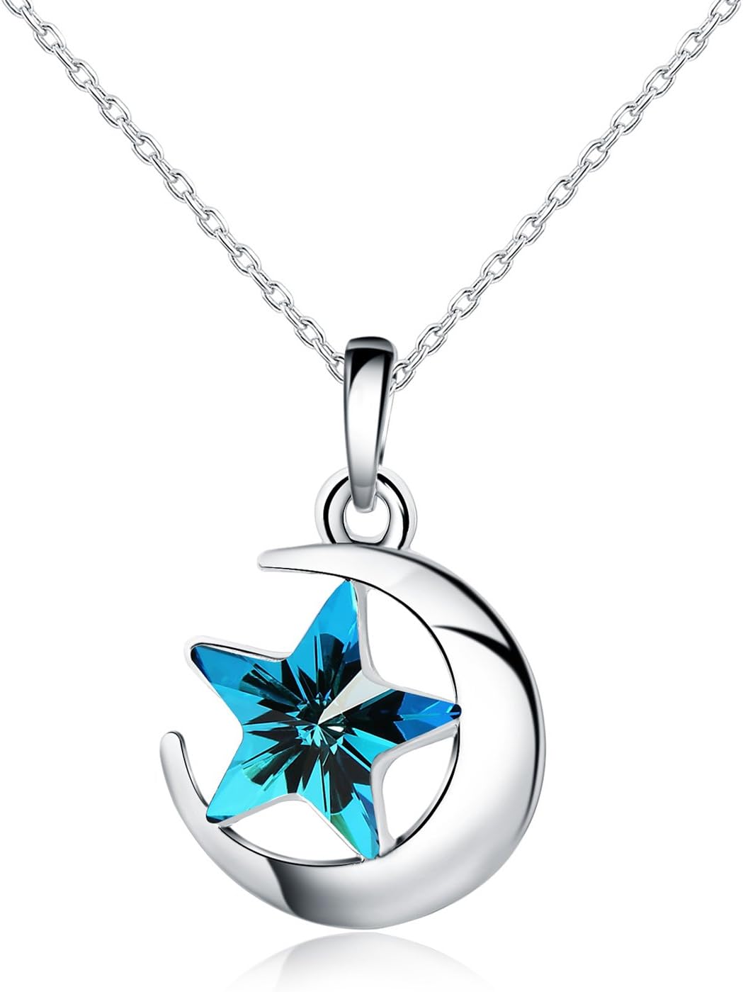 HERMOSO Moon And Star Pendant necklace for women, Made with Swarovski Crystal,Platinum plating jewellery chain 16โ+2"