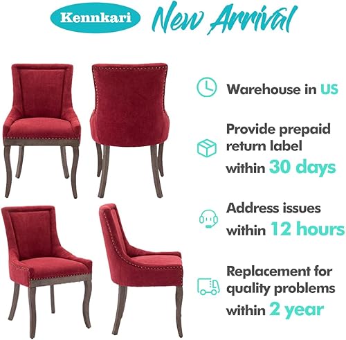 Miniatura 9 de Silla de comedor con respaldo de clavos, juego de 2, sillas de cocina de tela con patas de madera maciza para cocina, comedor, sala de estar, silla