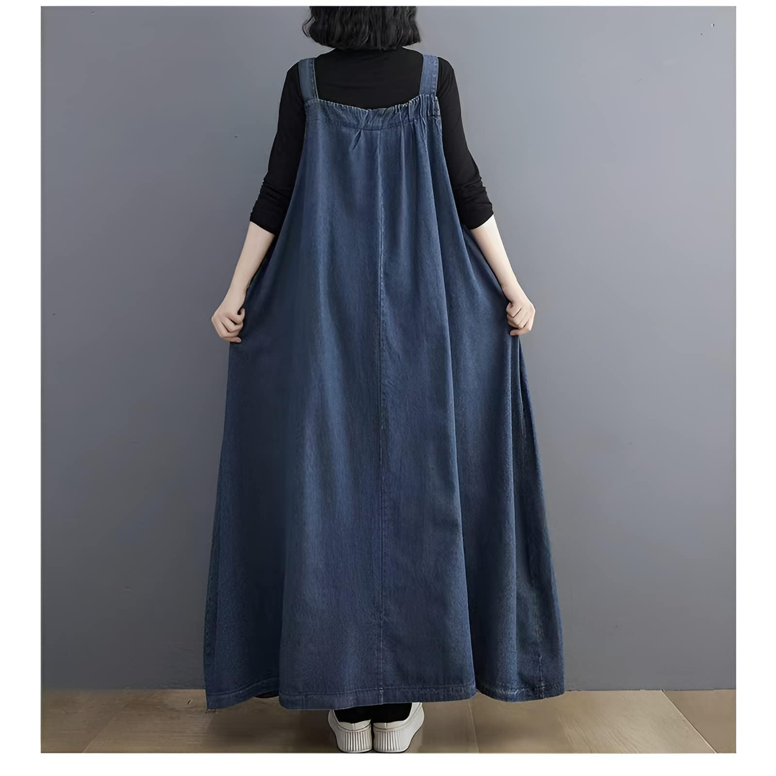 Vestido de mezclilla ancho para mujer, longitud máxima, tirantes ajustables, dobladillo ancho