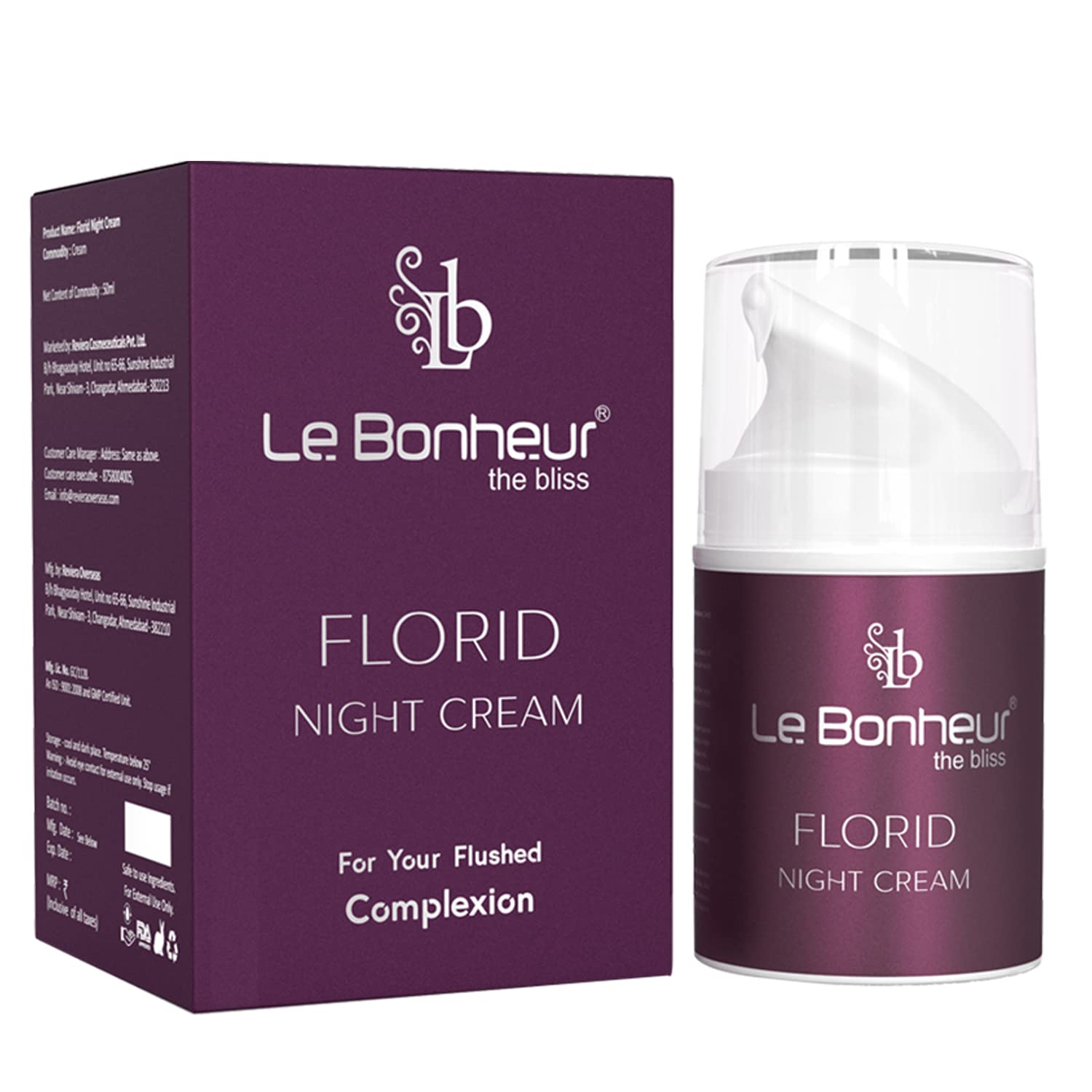 Le Bonheur Florid Night Cream | Brightning & Pulping Skin | Vitamin B9, Allantoin, Chamomile | For Men or Women & All Skins Types | 50 ml