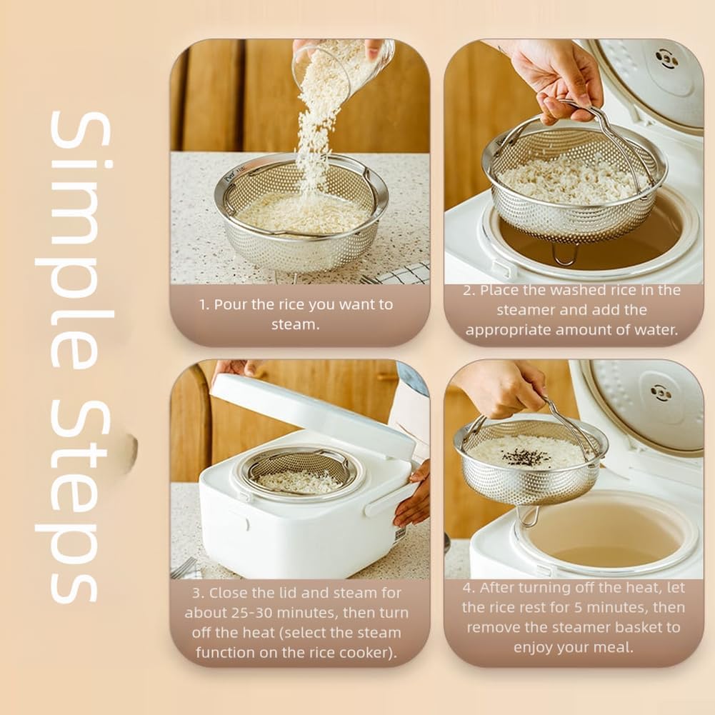 Cesta de vapor de acero inoxidable para olla arrocera en varios tamaños con patrón de agujeros densos y mango ergonómico para elevación segura (extragrande)