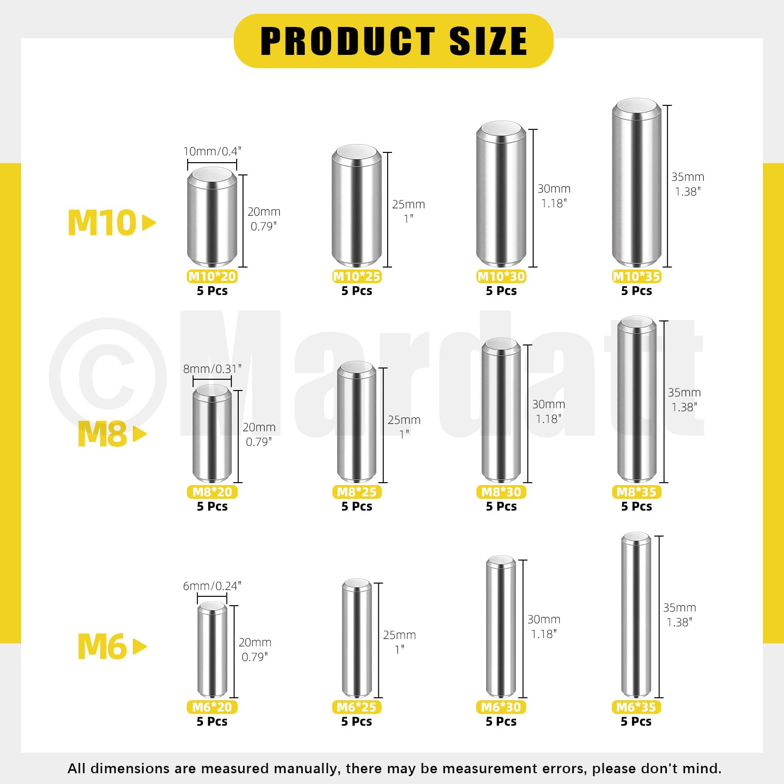 Mardatt 60Pcs 12 Size M6 M8 M10 304 Stainless Steel Dowel Pin Shelf Support Peg Pin Rod Fasten Elements Cylindrical Peg Pin for Metal Devices Furniture Installation - Image 2