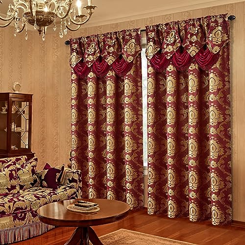 HOMEIDEAS Burgundy Paisley Jacquard Curtains, Victorian Luxury Window Curtains 2 Panels Set with Attached Valance and Sheer Backing, Fancy Drapes for Bedroom & Living Room, 52x84 Inches - Thumbnail 7