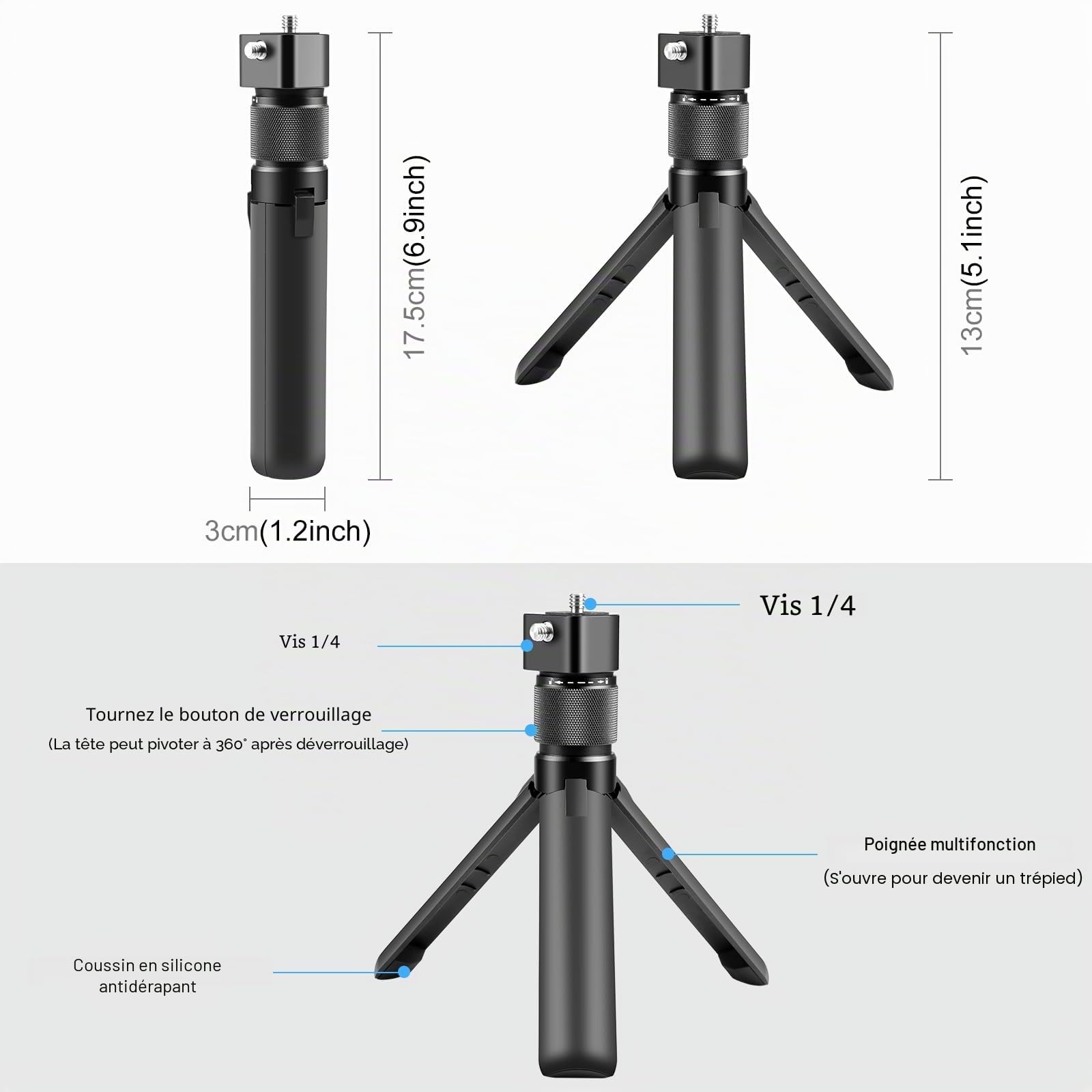 PULUZ Trépied Rotatif pour Appareil Photo Insta 360 X4/X3/Pocket 3/Go Pro, Poignée en Alliage d'Aluminium avec Rotation 360 Degrés