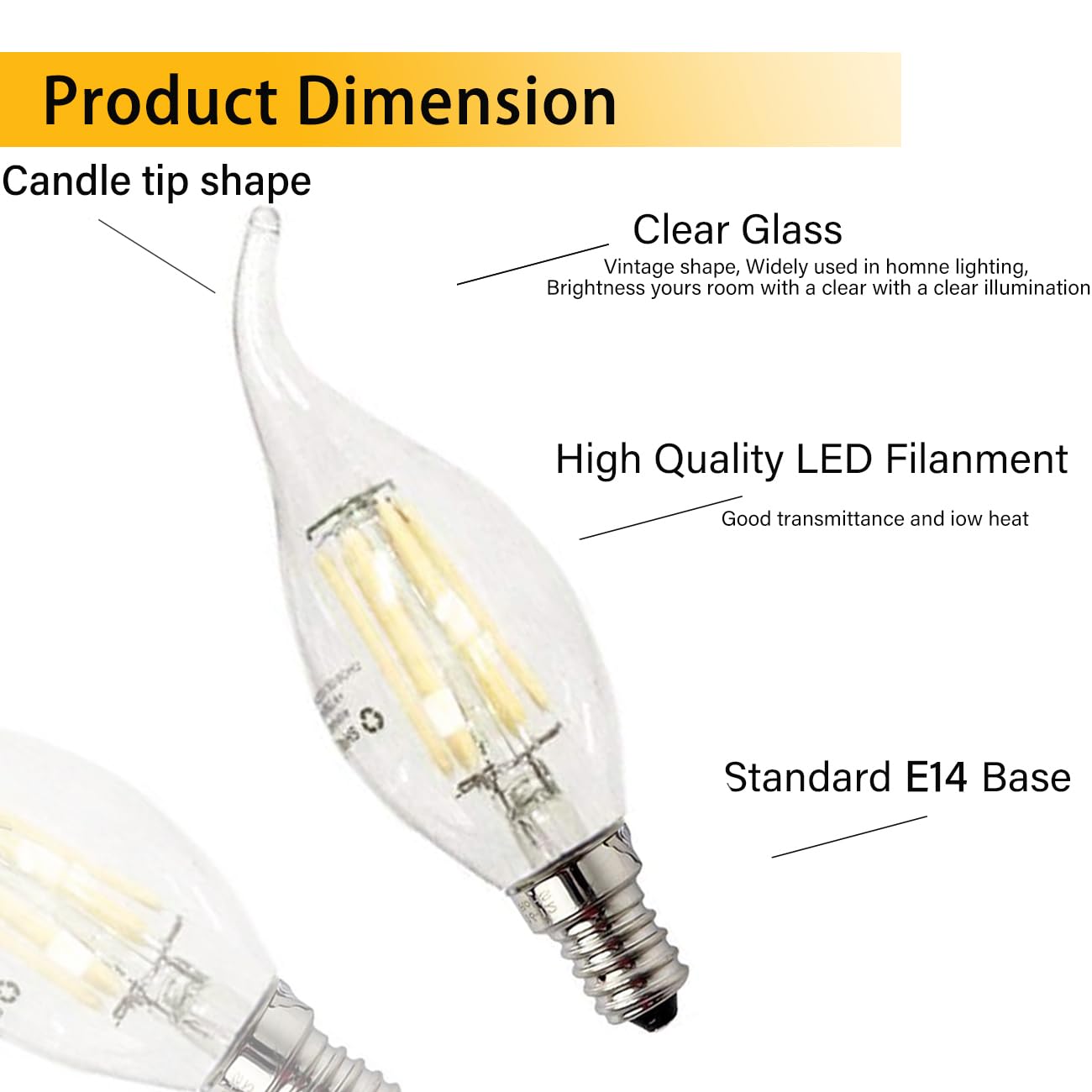 ZFQ E14 Dimmable LED Candle Light Bulbs, 6W 60W Equivalent Cool White 6500K, 600LM, C35 Bent Tip Flame Shape - Image 3