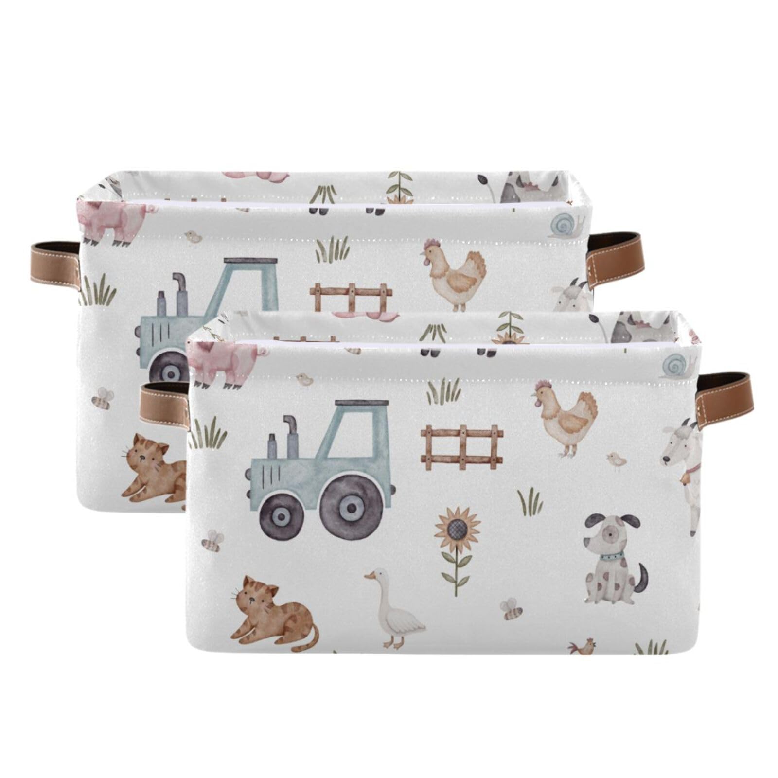 Maunzc Cute Farm Animals Storage Bins Collapsible Storage Basket with Metal Frame, Fabric Shelves Bins Closet Baskets with Handles, 2-Pack