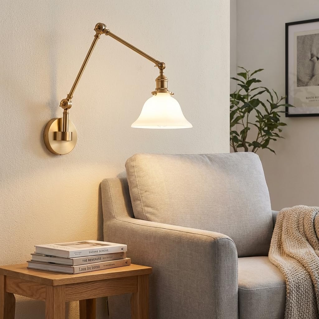 BARCELONA LED Wandlampe mit Gelenkarm in Gold/Kupfer und Weißem Glaslampenschirm, Vintage Industriestil, Retro, Modern und Minimalistisch, Ideal für Schlafzimmer, Wohnzimmer, Esszimmer und Büro