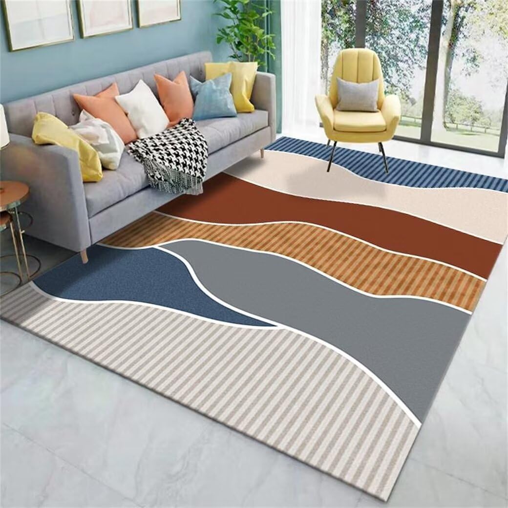 Tapis lavable à motif géométrique bleu 200x250 cm pour effacer les taches facilement