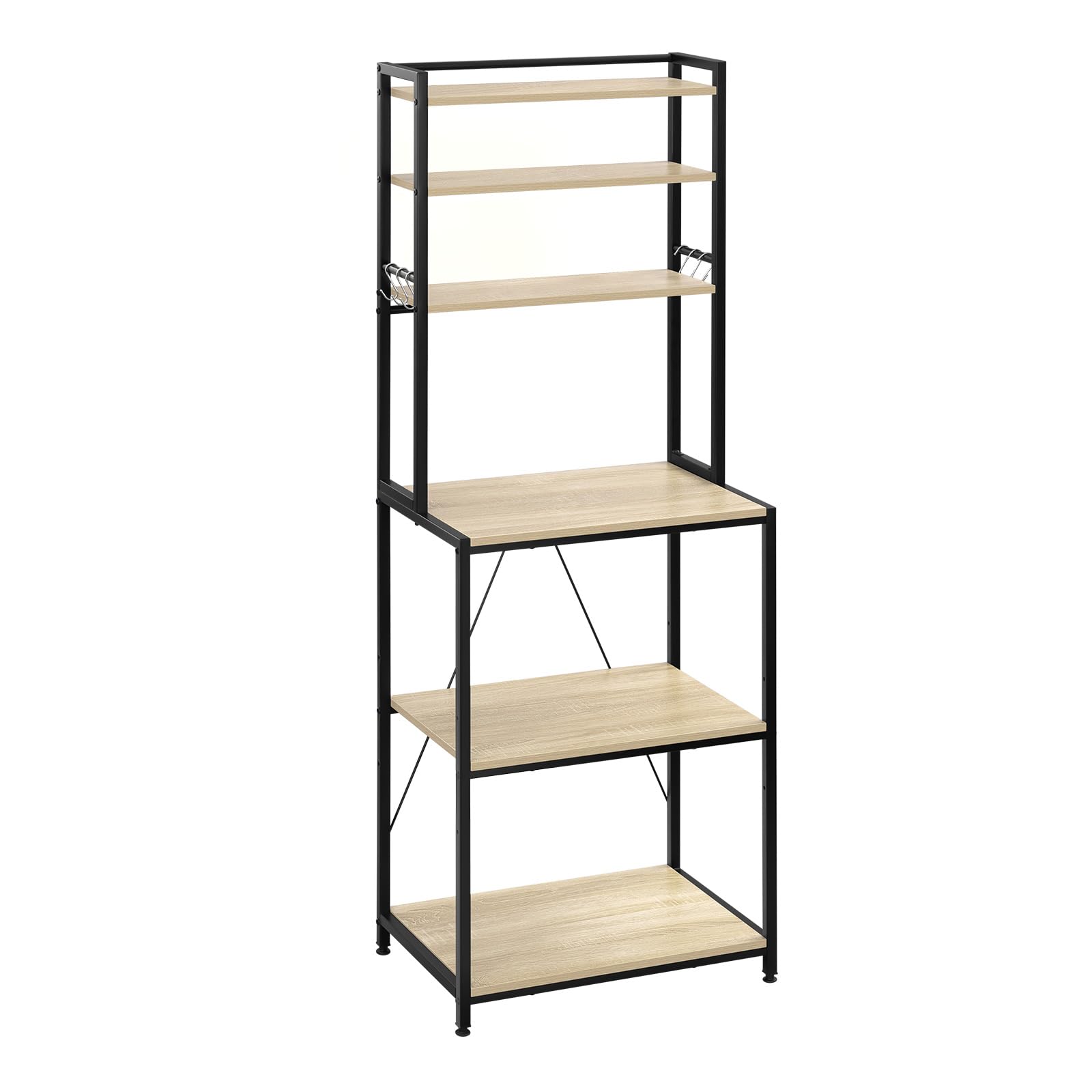 WOLTU Scaffale da Cucina con 6 Ripiani, Scaffale per Microonde con 6 Ganci, Struttura in Metallo, Legno Ingegnerizzato, 60x40x167cm, Rovere Chiaro+Nero