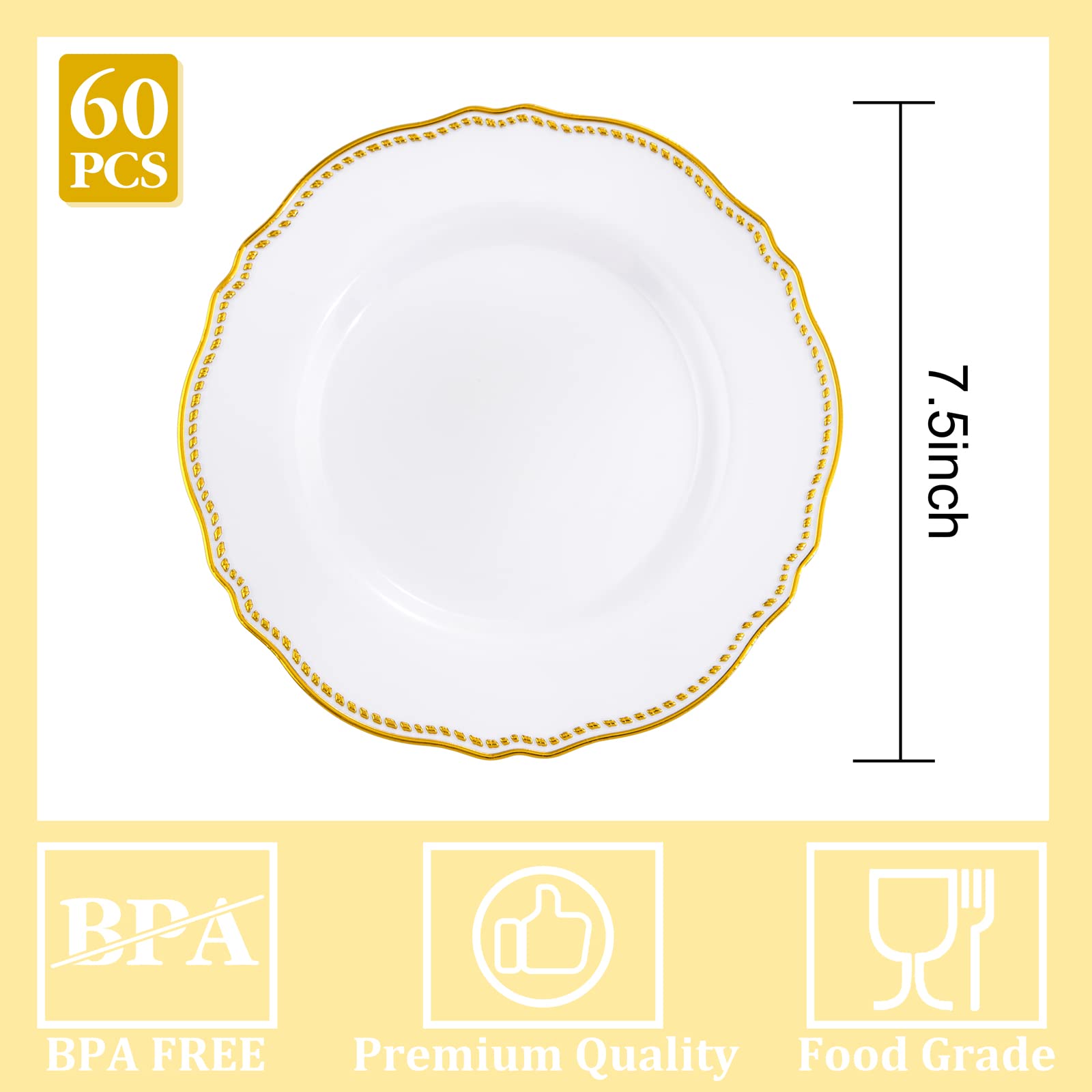 Hioasis 60pcs Gold Plastic Plates - White and Gold Disposable Plates - 7.5inch Gold Disposable Dessert Plates Perfect for Wedding & Party & Thanksgiving