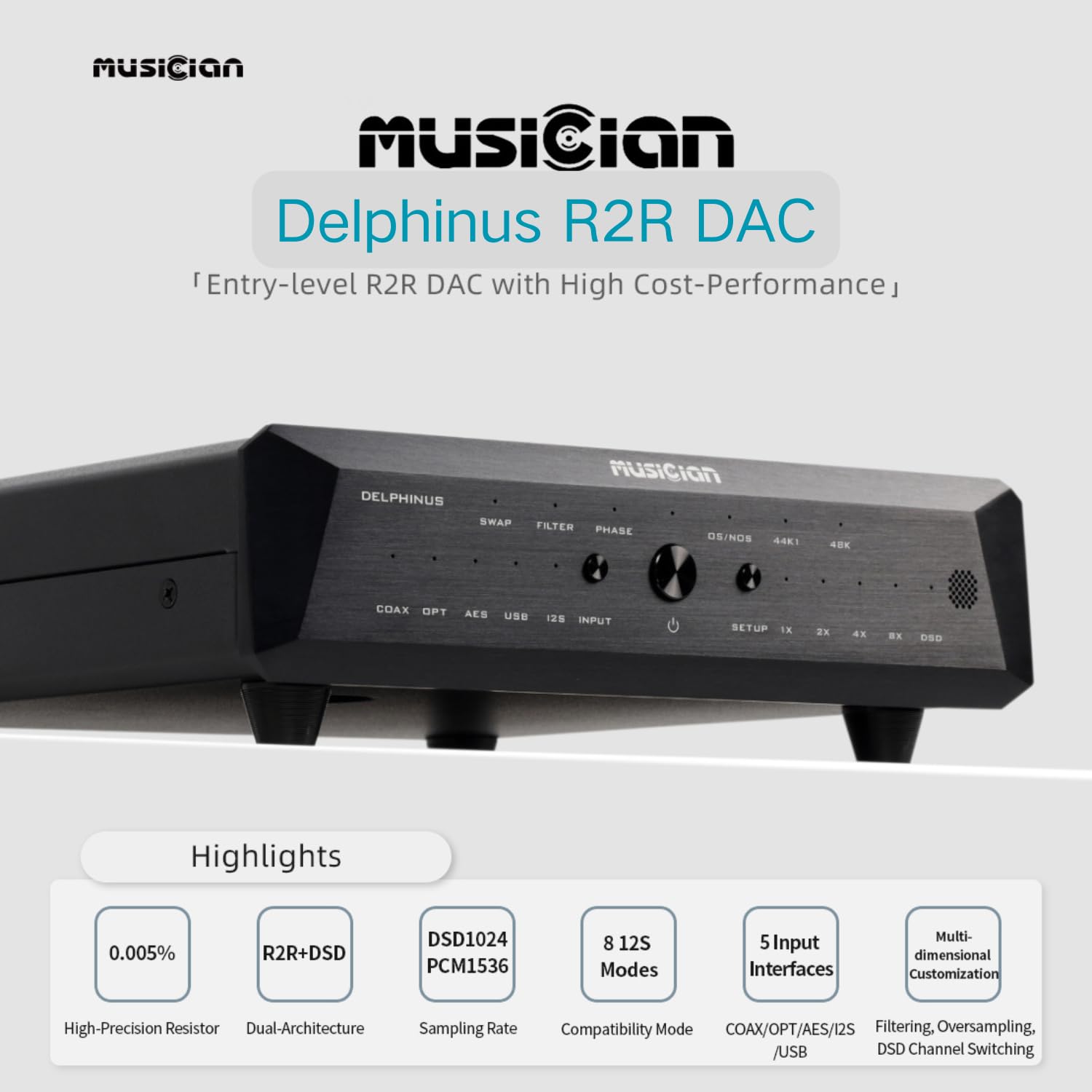 Musician Delphinus R2R DAC Decoder, DSD1024 PCM1536 HiFi Audio DAC, USB/I2S/AES/Coax/Opt Digital zu Analog Konverter mit Xlr/Rca Ausgang, Fernbedienung Desktop Audio D/A Konverter, Schwarz