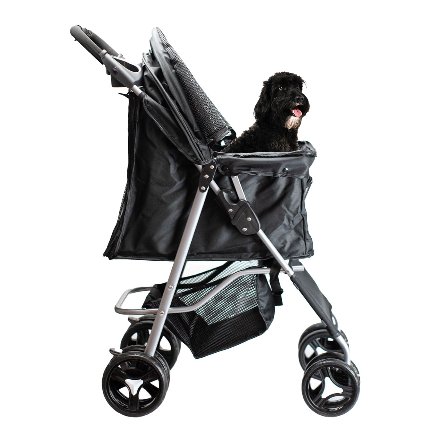 AQPET Passeggino Pieghevole per Cani di Taglia Medio Piccola, Carrello per Animali Domestici Comodo e Pratico, Carrozzina con Doppie Ruote girevoli, 75x45x100 cm, Colore Nero