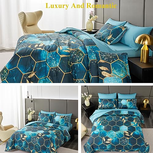 Juego de edredón hexagonal turquesa y dorado con ropa de cama de 7 piezas 5