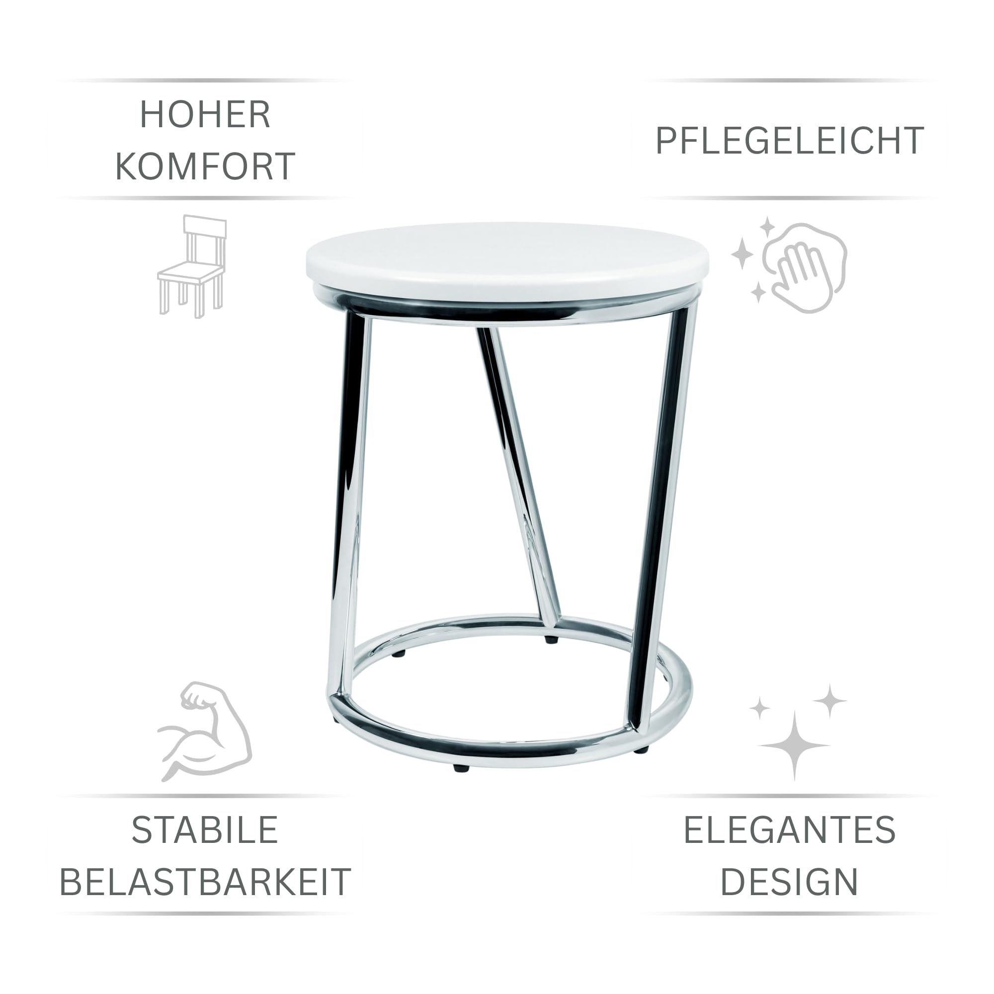 Badhocker Salina – runder Sitzhocker aus Metall Chrom glänzend – Stabiler Hocker mit weißer Sitzfläche im Bar Stool Design – vielseitiger Bad- & Küchenhocker, Schemel, Sitzbank