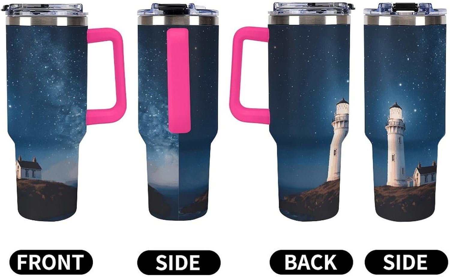 Large Car Cup with Handle&Lid Fashion Lighthouse Under Starry Night Sky Tumbler Sturdy Insulated Water Bottle Stainless Steel Vacuum Travel Mug Portable Coffee Cup for Home Outdoor 40 Oz Light Rose Re