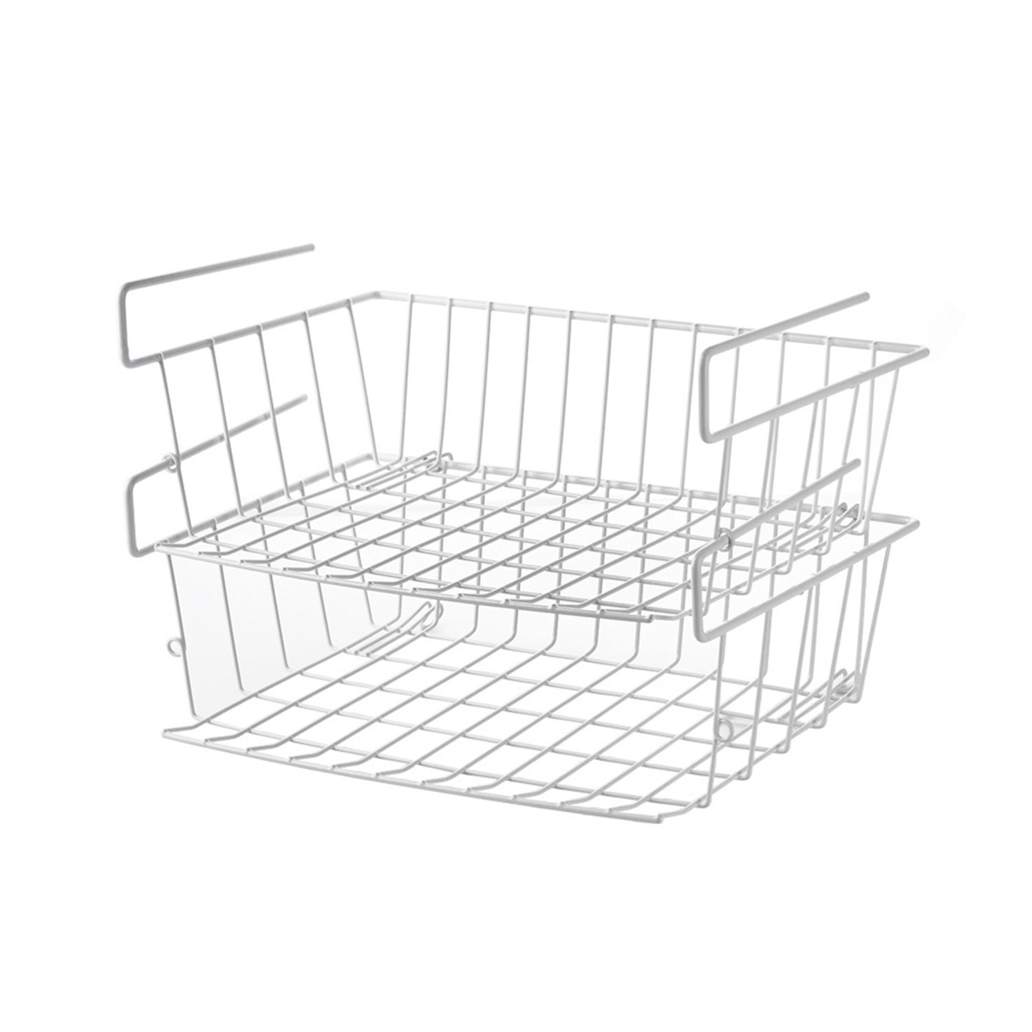 Cesto sospeso, cesto portaoggetti sotto mensola in metallo, cestino per scaffali impilabili, cestino portaoggetti da cucina per cucina, ufficio, bagno, bianco (2 pezzi)