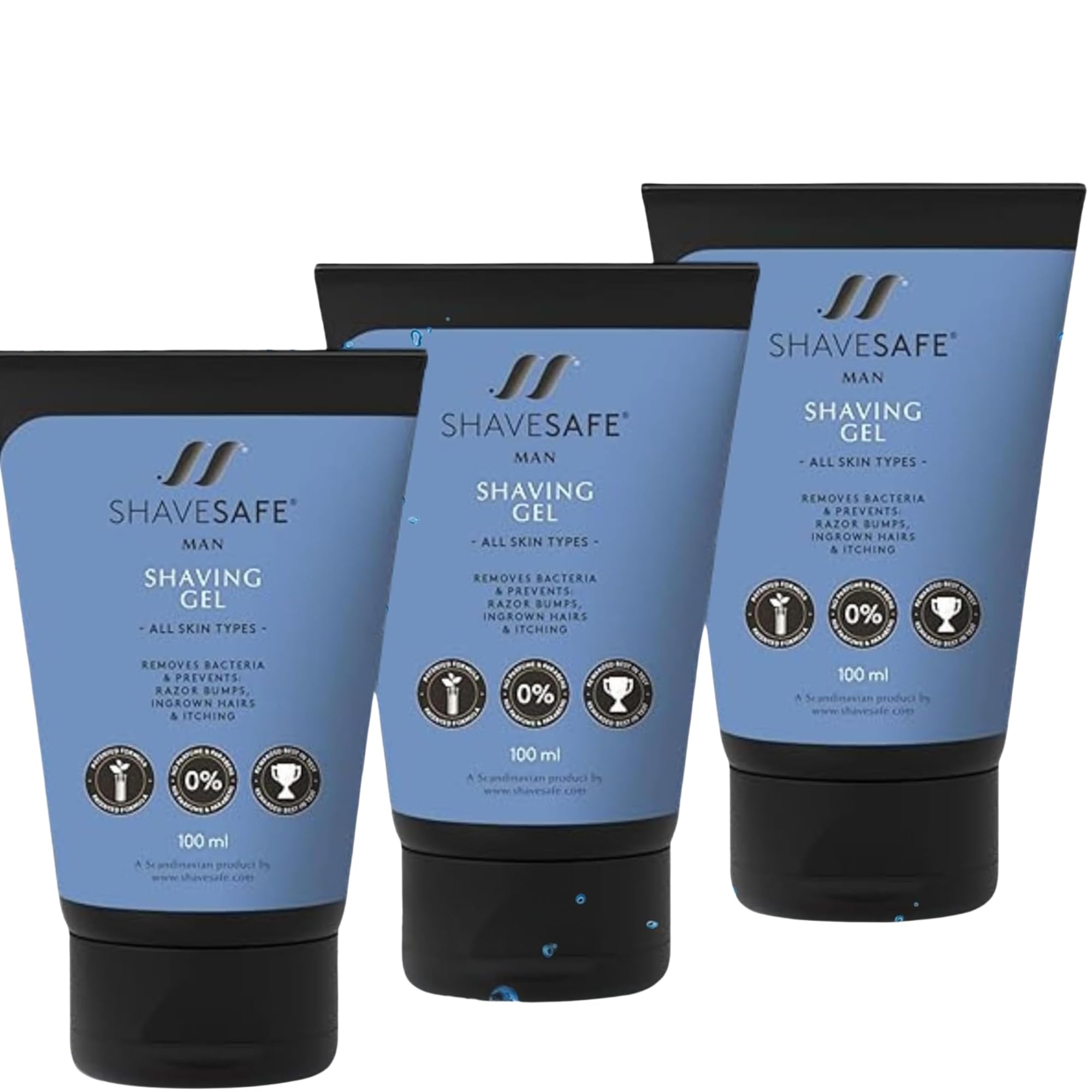 ShaveSafe – Pack de 3 – 100 ml – Afeitado suave y eficaz para pieles sensibles – Previene quemaduras de afeitado, enrojecimiento y vellos encarnados – Fórmula hipoalergénica y dermatológicamente