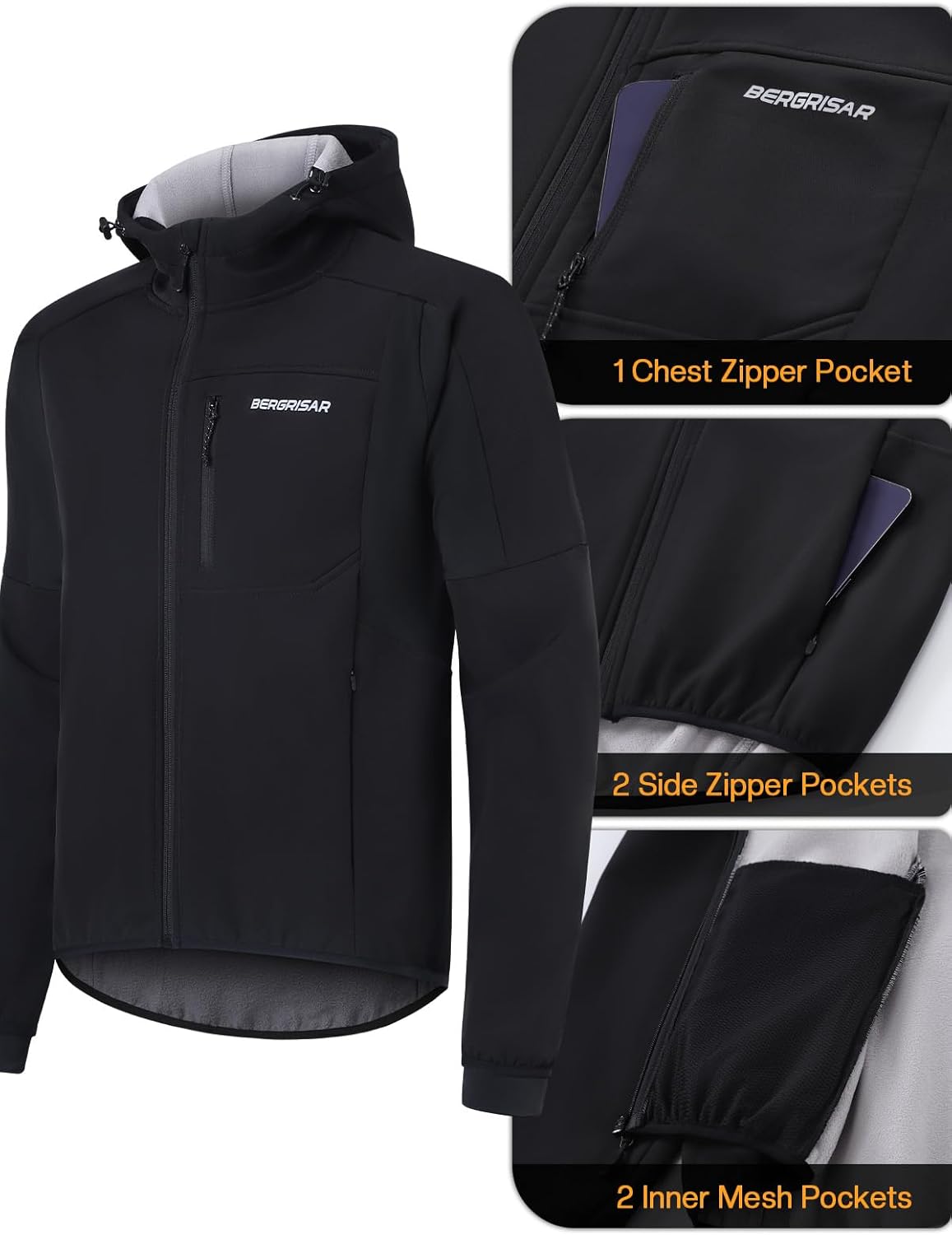 BERGRISAR Winter Cycling Jackets for Men Windbreaker Water-Resistant with Hood Bike Bicycle Biking Jackets