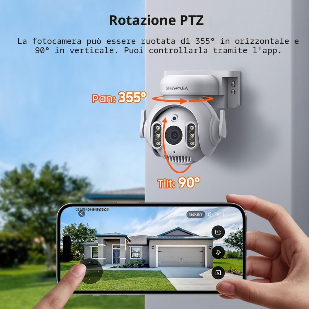 SHIWOJIA Telecamera Wi-Fi Esterno, 5MP 360° PTZ Videocamera di Sorveglianza con Auto Tracking, Rilevamento del Movimento, Smart Life Camera TUYA Compatibile con Alexa