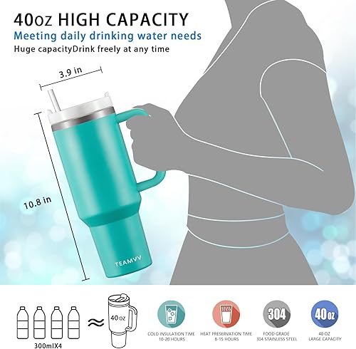 Miniatura 4 de TEAMVV Vaso de 40 onzas con asa y pajita, de acero inoxidable, aislado al vacío, para té o café helado, para bebidas calientes o frías, vaso de 40