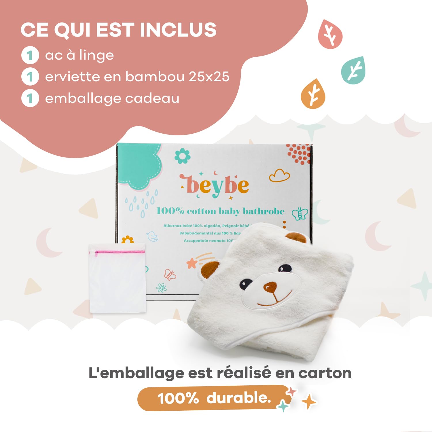 Sortie de Bain Bebe 0-3 Mois Jusqu'à 3 Ans 90 x 90 cm, Cape de Bain Bebe avec Capuche 100% Coton Naturel | Serviette Bebe Extra Doux (Blanc)
