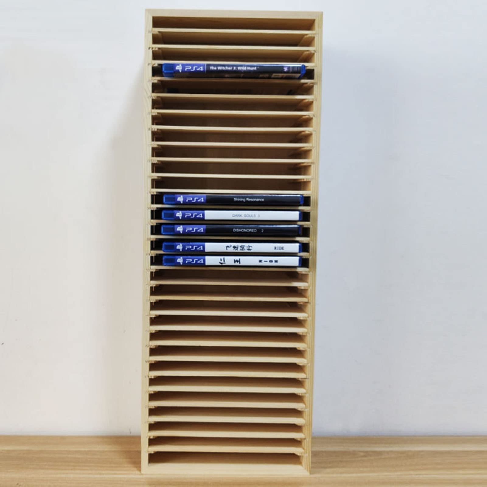 Estante de Almacenamiento de Madera de Pino Natural para PS4, Estante de Acabado para PS4, Soporte para Discos, Estante de exhibición para colección de DVD y CD, Capacidad