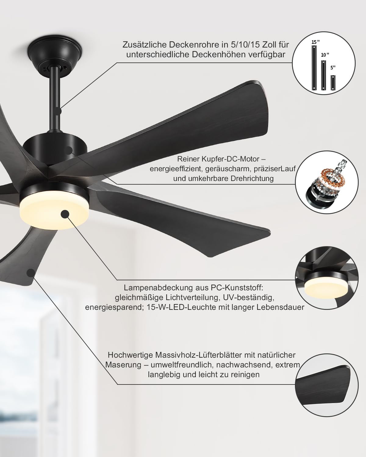132cm Deckenventilator Mit Beleuchtung Und Fernbedienung 5 Flügel Schwarz | 6 Stufen Leiser 3 Verlängerungsstangen Timer 3 Farbtemperaturen Dc-Motor Deckenventilator Mit Licht Outdoor