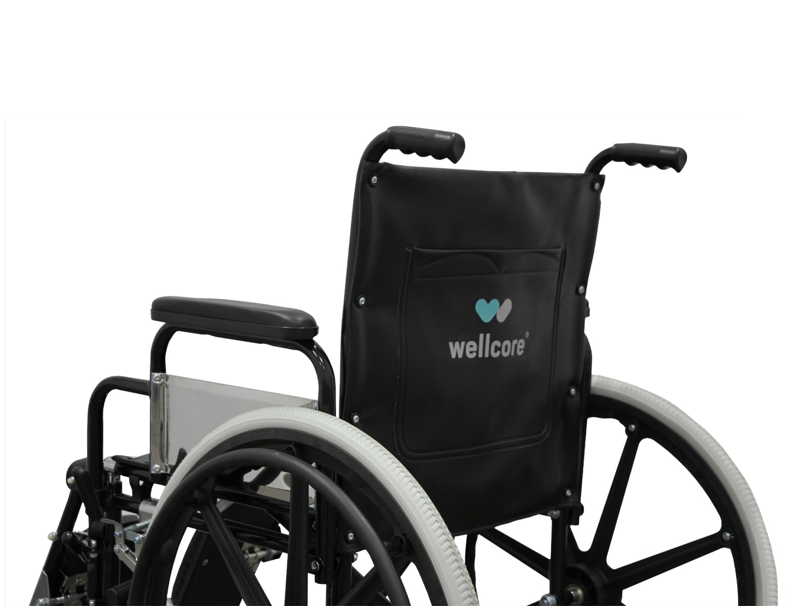 WELLCORE Silla de ruedas con reposapiés elevables y abatibles hasta 90º, Plegable, Acero, Ligera, Autopropulsable, Respaldo y Asiento de Polipiel, Ruedas macizas, Frenos de mano