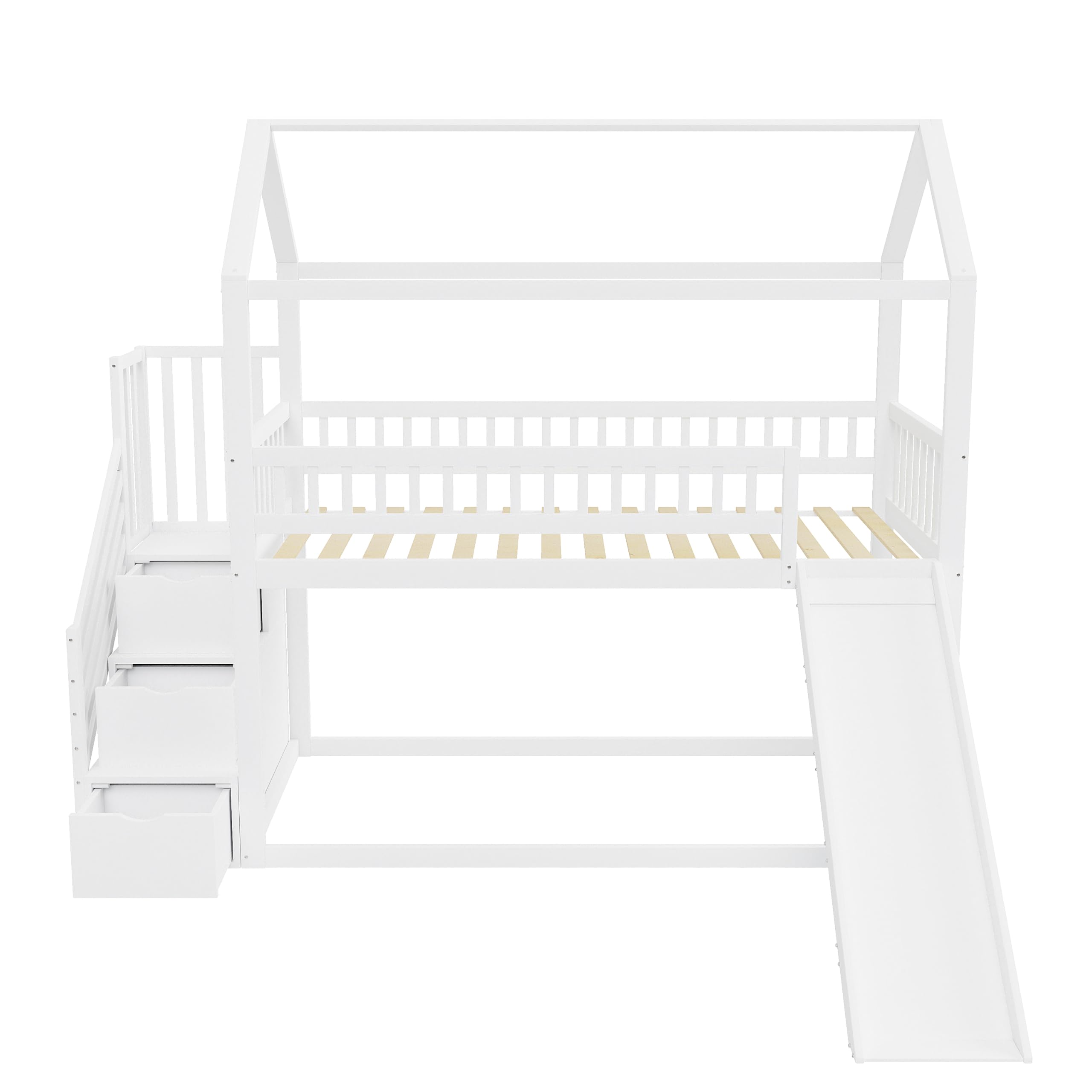 Hochbett Kinderetagenbett 90x200 cm, Multifunktionales Kinderbett, mit Rutsche und 3 Stauraumleiter, hohe Zaunkonstruktion, Massivholzbettrahmen, Lattenrost,Weiße
