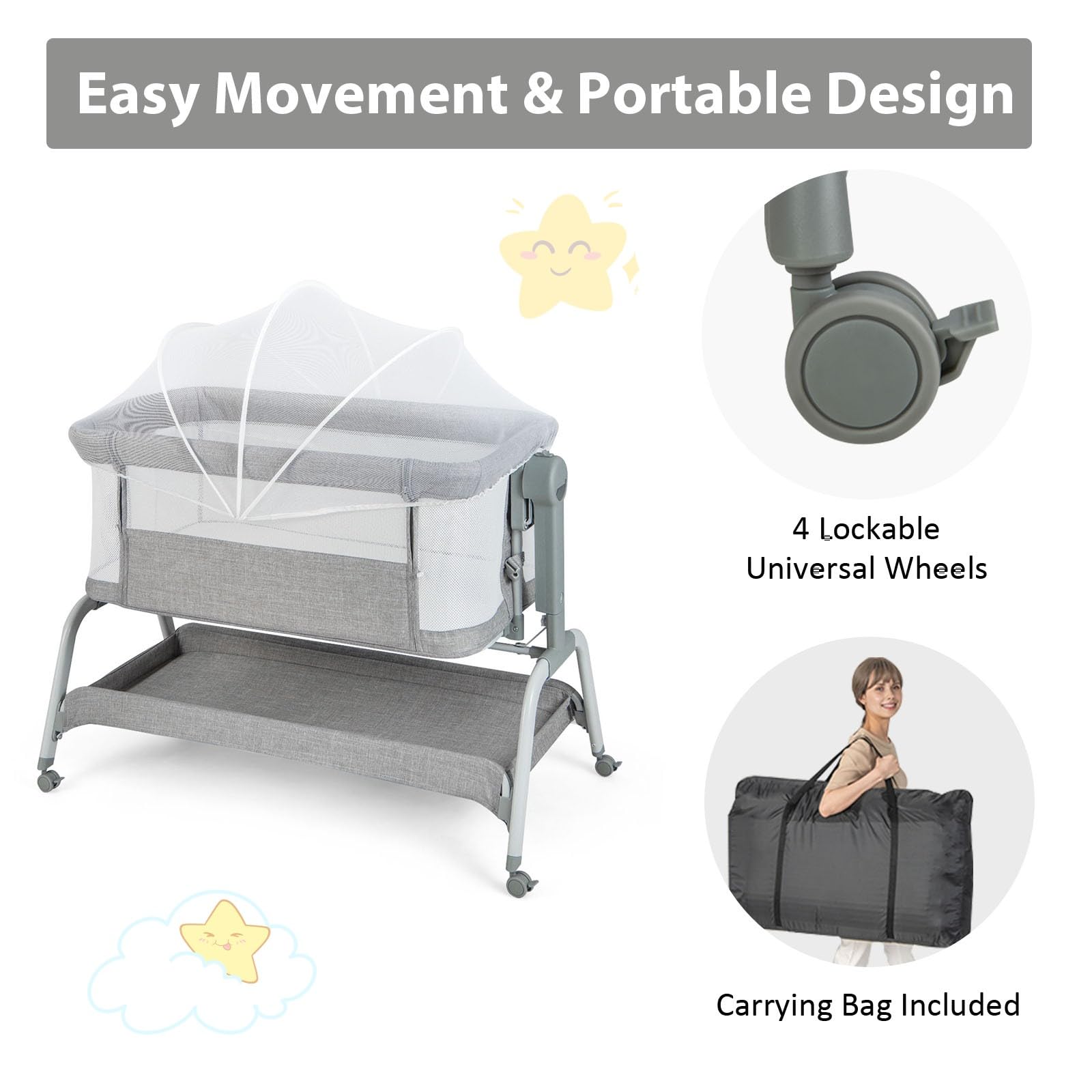LIFEZEAL Babybett mit Moskitonetz, Baby Beistellbett mit Matratze & Rollen, Reisebett 6 Höhenverstellungen, Tragbares Babywiege für Baby 0-6 Monate, Stubenwagen mit Aufbewahrungskorb (Grau)