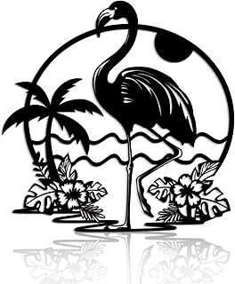 Oubasa Flamingo Metal Wall Art, Palm Tree Hanging Decor for Indoor Outdoor Flamingo Wall Plaque Hanging Artwork Tropical Theme Flamingos Wall Decor for Home Room Door Patio Yard Decor Black (Black)