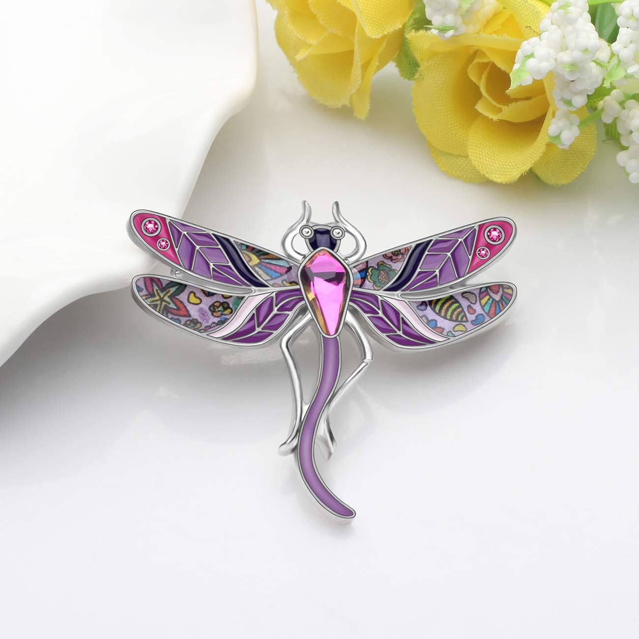 WEVENI Alloy Crystal Dragonfly Brooch Insect Pins Enamel Jewelry for Women Girls Scarf Dress Ornament Gift (Purple) - Image 4