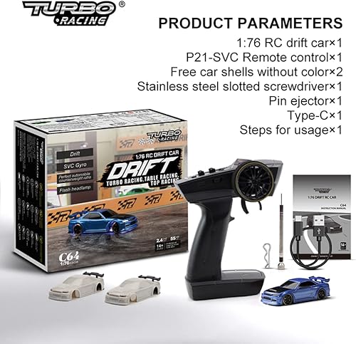 Miniatura 6 de FLYCOLOR Turbo Racing - Coche RC Drift a escala 176 con Gyro Mini control remoto proporcional completo RTR 2.4GHZ con 2 carcasas reemplazables
