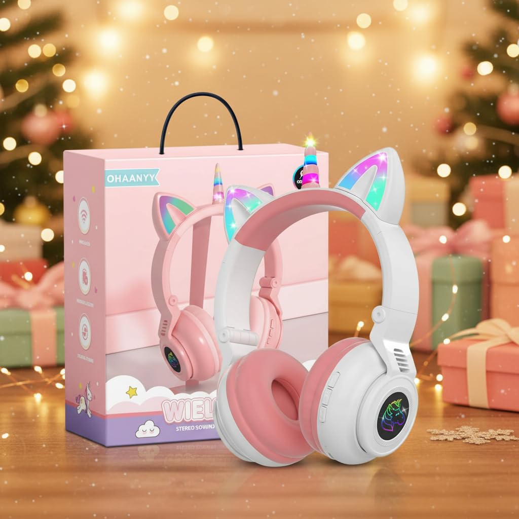 Unicorn Kids' Bluetooth Headphones,Foldable Wireless Headphones for Children with Cable and Microphone Earphones Volume Control,Unicorn-Inspired Gift
