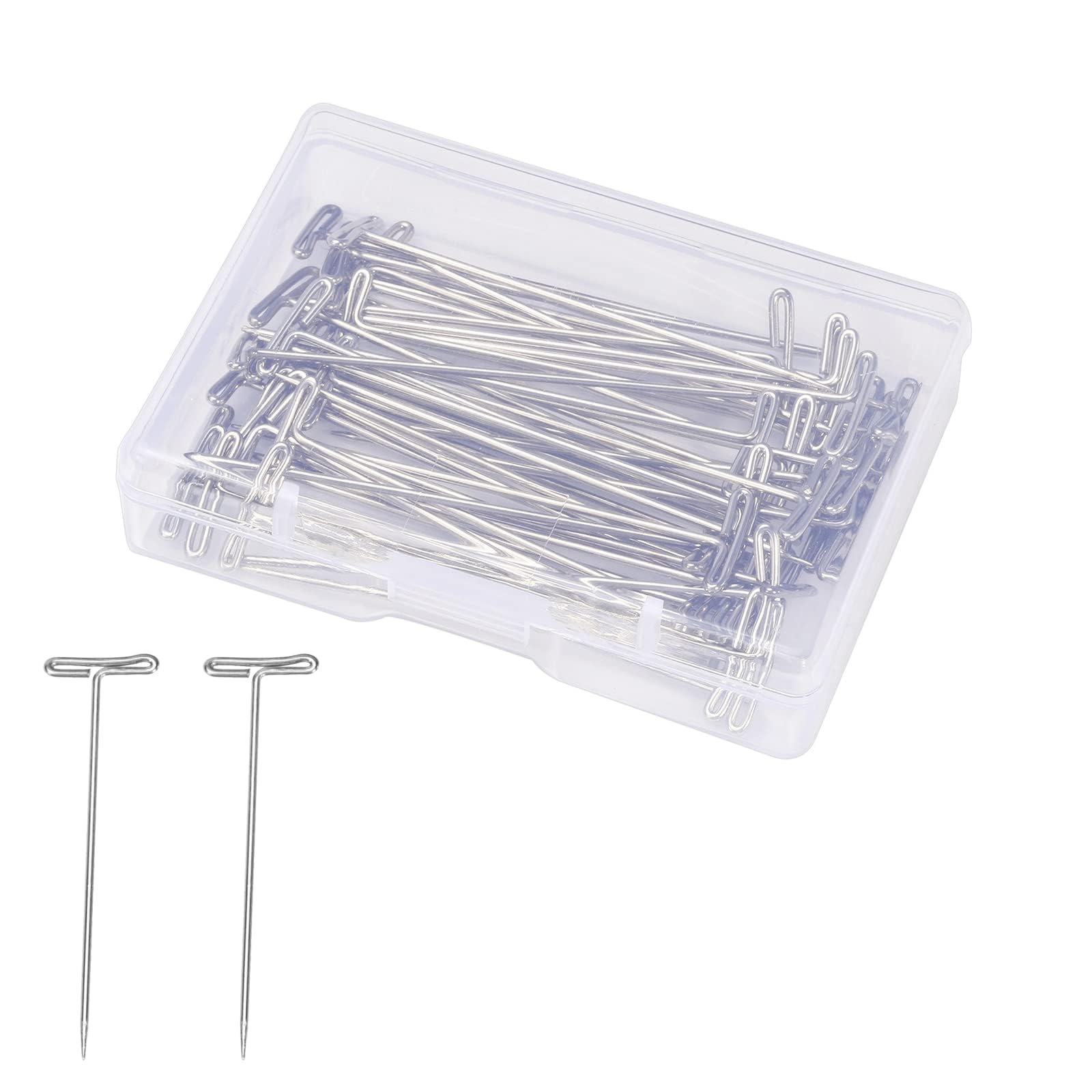 100 Pcs T-Pins, Stainless Steel T-Pins for Blocking Knitting, Modelling and Crafts,Wig Making, 2 inch Straight T Pin with a Plastic Box for Wig Heads