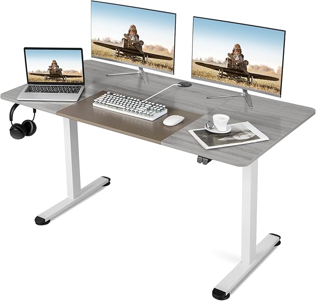 COSTWAY Biurko 140 x 70 cm z elektryczną regulacją wysokości, do pracy na stojąco, z mechanizmem zatrzymującym, uchwyt na kabel i haczyk, biurko komputerowe do domowego biura i biura (szare)