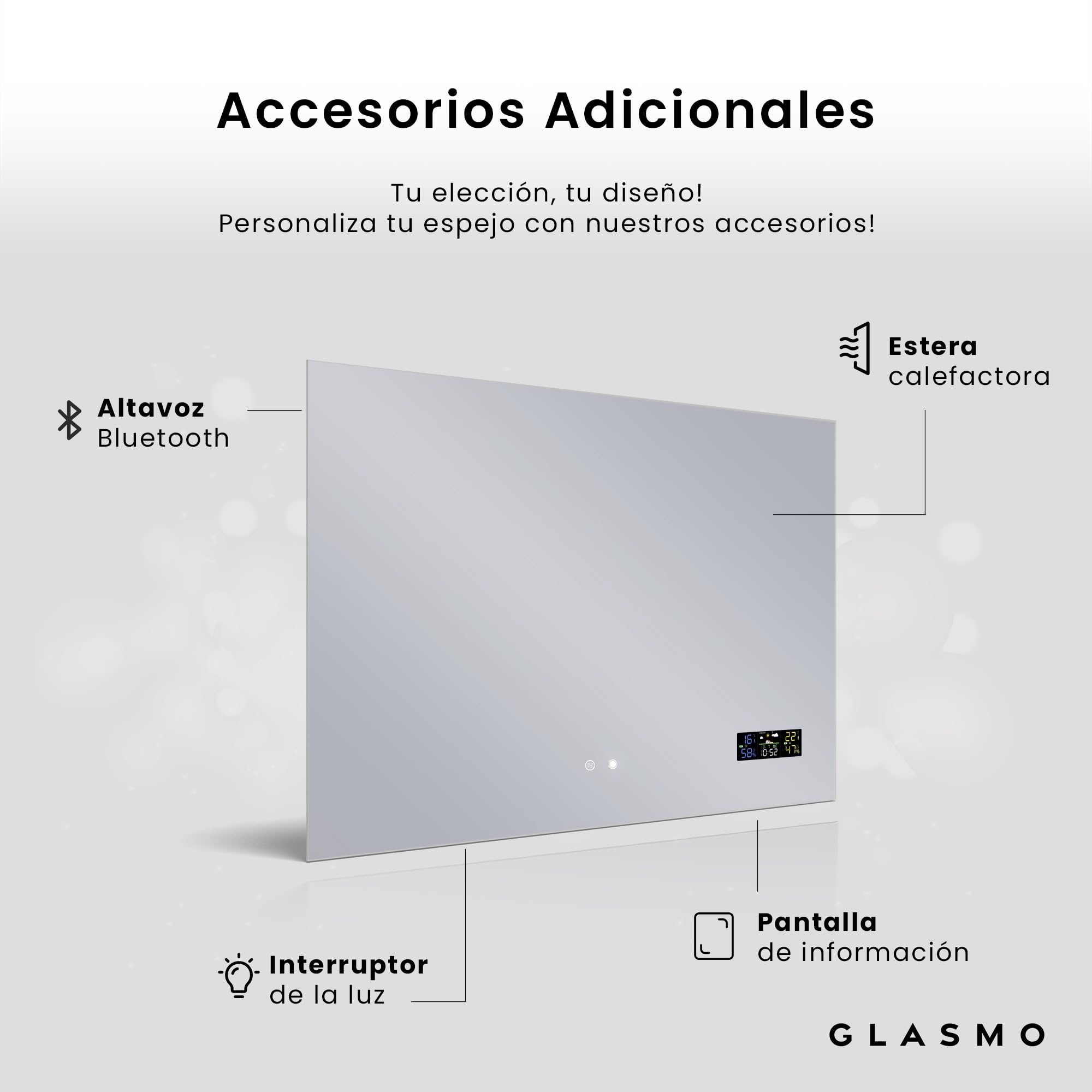 FORAM Espejo de Baño con Iluminación luz LED 120x90 cm Ellie - Personaliza el Espejo de Pared con Accesorios - Diferentes tamaños para Baño - Iluminado, retroiluminación