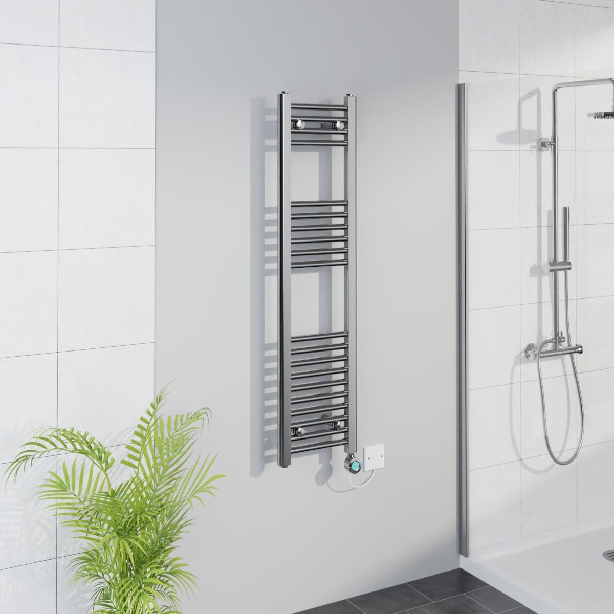 Warmehaus Smart WiFi Thermostatic Electric Bathroom Straight Heated Towel Rail Warmer Radiator with Timer 1200x300mm - Chrome