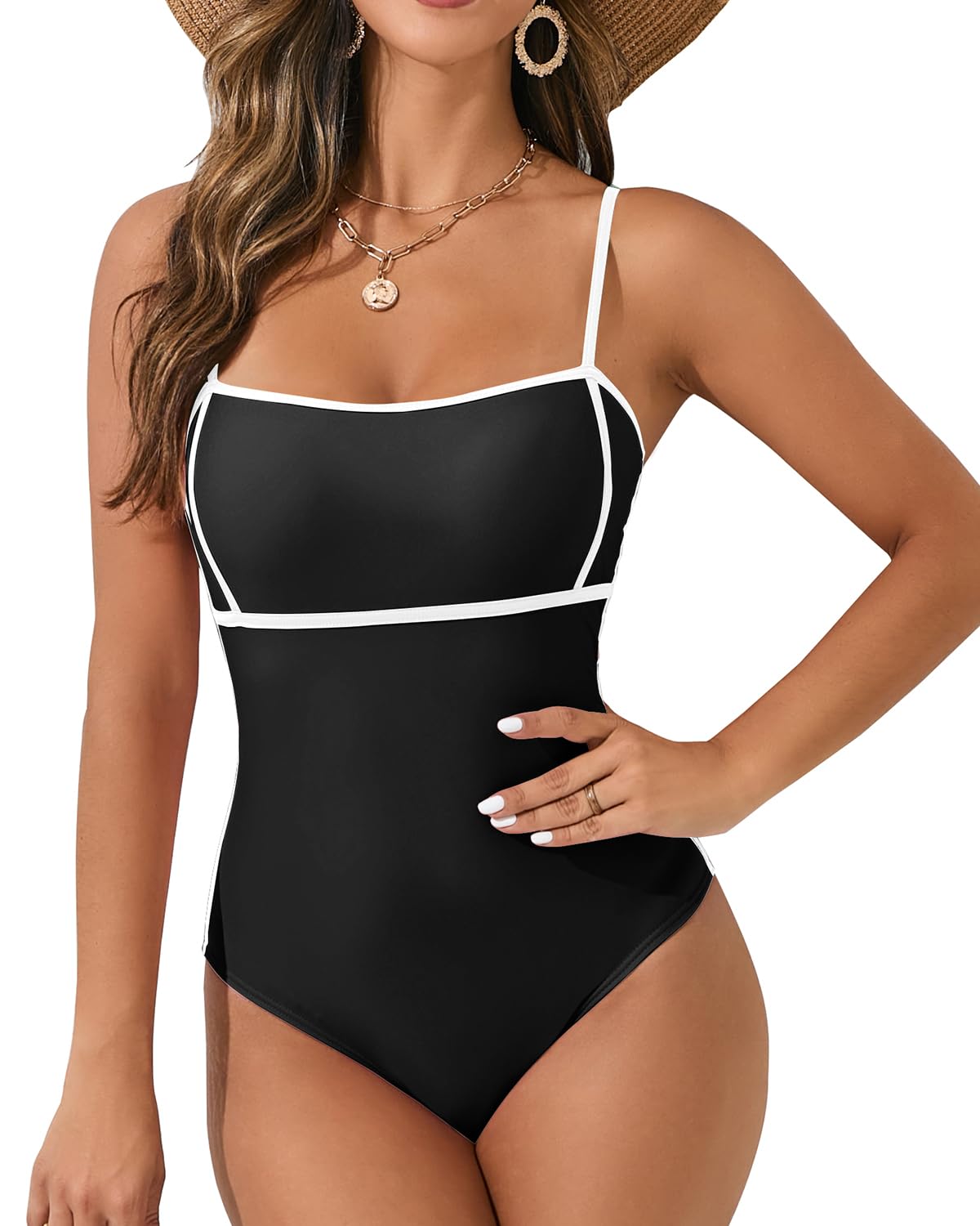 One Piece Swimsuit Women Square Neck Bathing Suit Adjustable Spaghetti Straps Color Line Swimwear