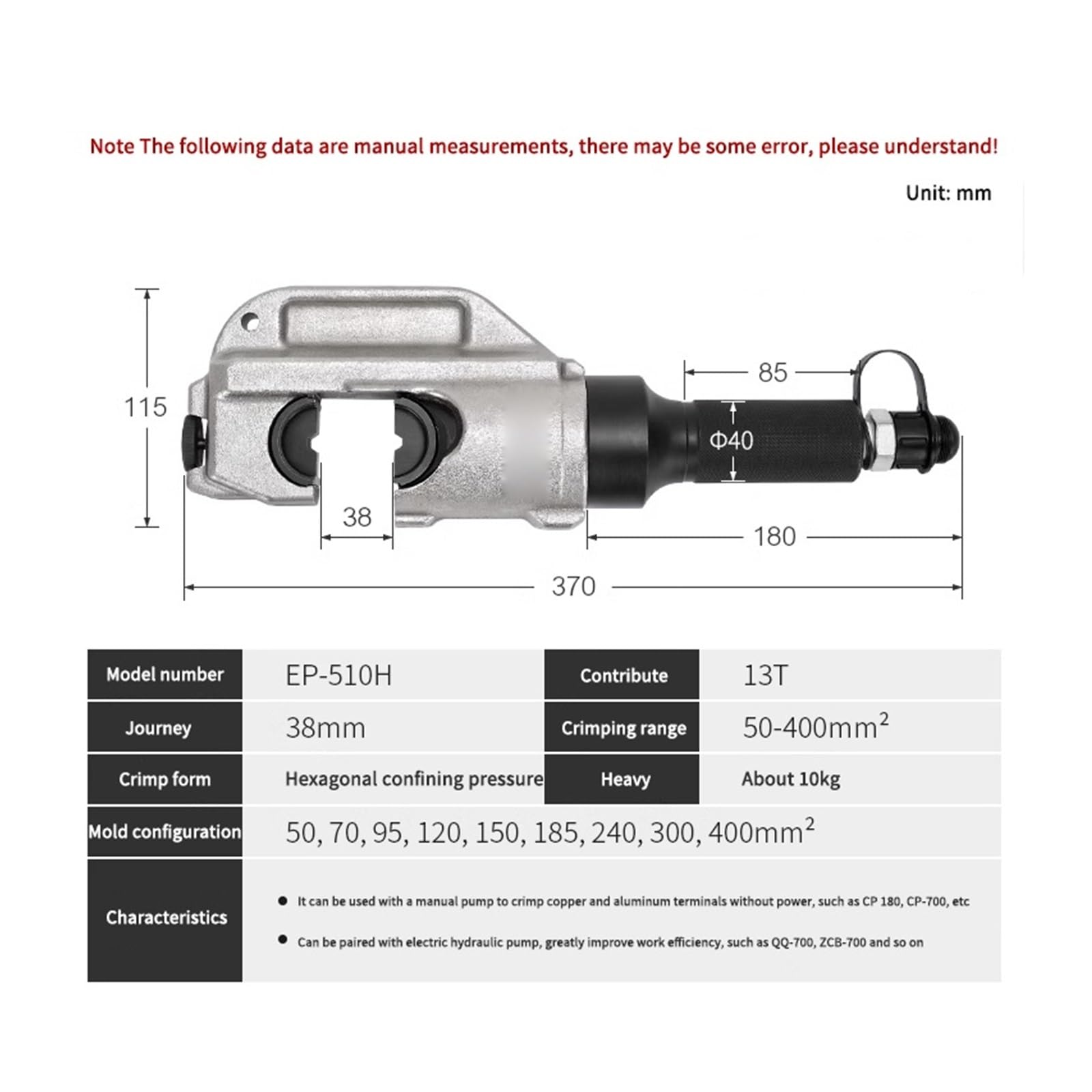 Hydrauliczne szczypce do zaciskania typu dzielonego Zakres 50-400MM² Kabel Miedziano-aluminiowy Terminal Ręczne urządzenie do szybkiego zaciskania Narzędzia zaciskowe