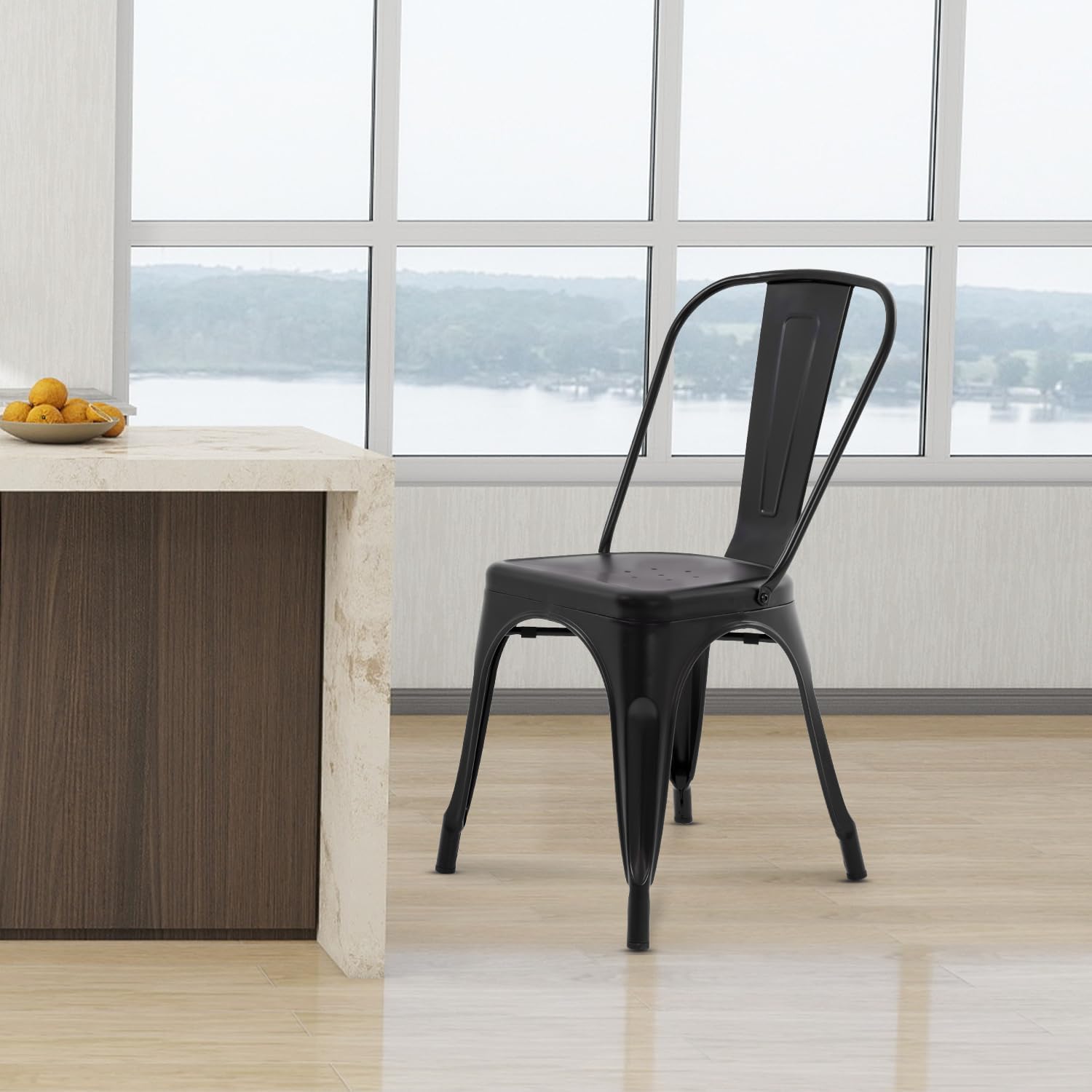 Dopinmin Modern Black Metal Dining Chairs Set of 4, Stackable, Indoor/Outdoor Patio Chairs, 18' Seat Height