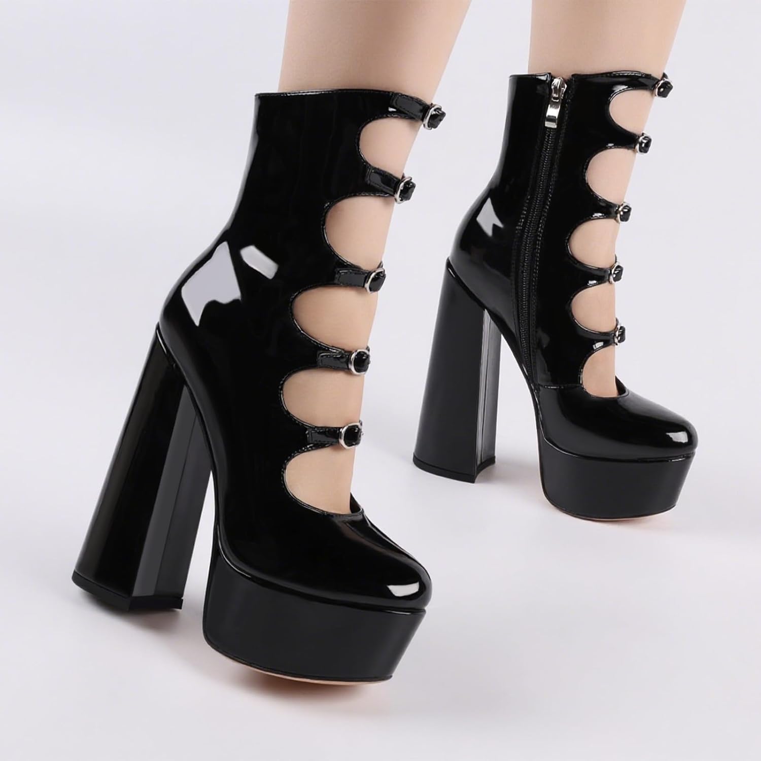 FancyQueen Platform Boots for Women, Chunky Platform Heels Goth Boots, Side Zipper Block Heels