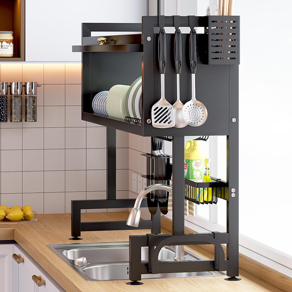 Verida Escurridor de platos sobre el fregadero de 3 niveles, escurridor de platos sobre el fregadero para almacenamiento de platos y cubiertos de cocina, estante para platos que ahorra espacio con