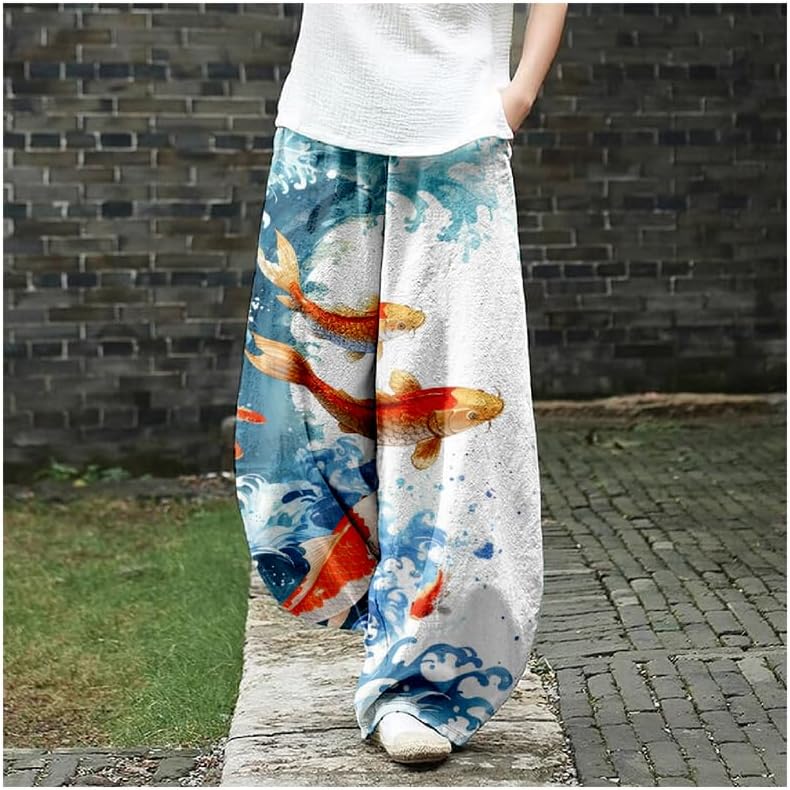 ZOCAVIA Cotton Linen Lantern Pants for Women Summer Baggy Japanese Style Wide Leg Pants Plus Size Hippie Trouser with Pockets