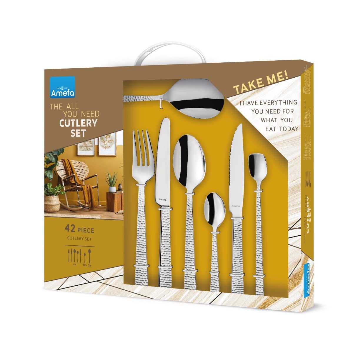 Amefa Felicity - Cubertería para 6 personas, 42 piezas, acero inoxidable 18/0, asas martilladas, cuchillos, cuchillos de carne, tenedores, cucharas, cucharas y cucharaditas, color plateado