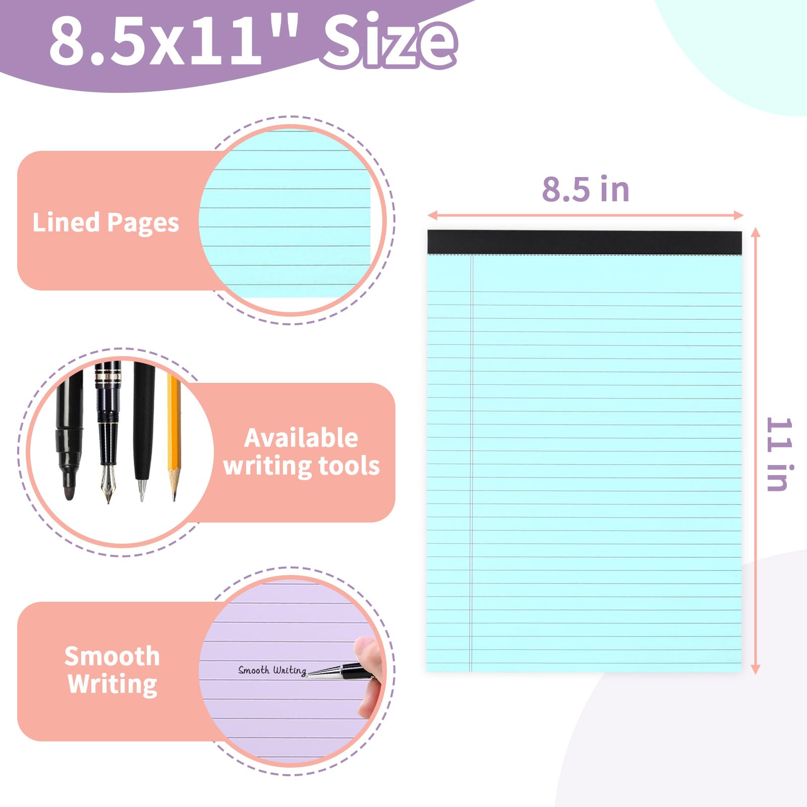 Legal Pads 8.5 X 11 Colored Note Pads, 12 Pack Colored Paper Pads 8.5 X