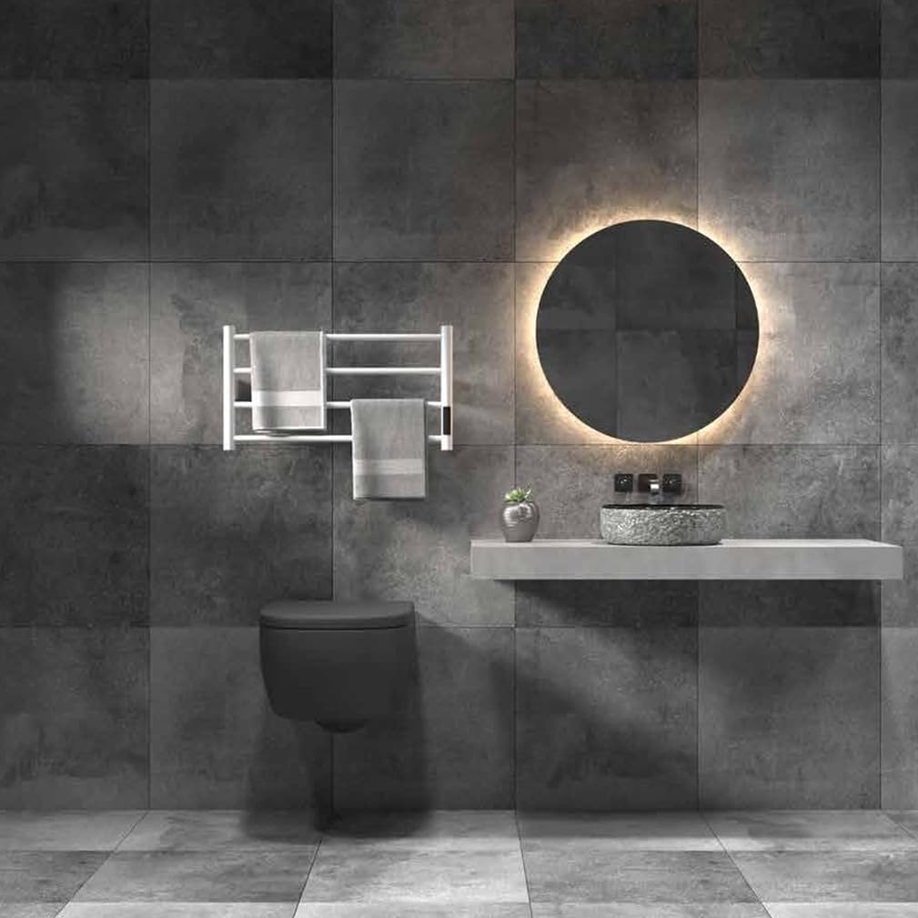 Termoarredo Elettrico Bagno da Parete,scaldasalviette Elettrico con Interruttore a LED Bagno,Parete Portasciugamani in Acciaio Inox,560mm*300mm*70mm,90W,Bianca,Plug in