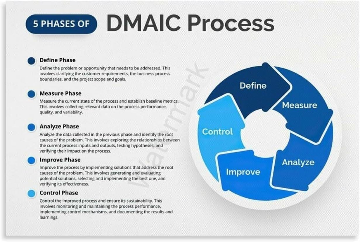 AUOQKQUT Business Process Improvement Art Lean Six Sigma DMAIC Chart Canvas Print for Executive Office Decor Framed,16x24inch(40x60cm)