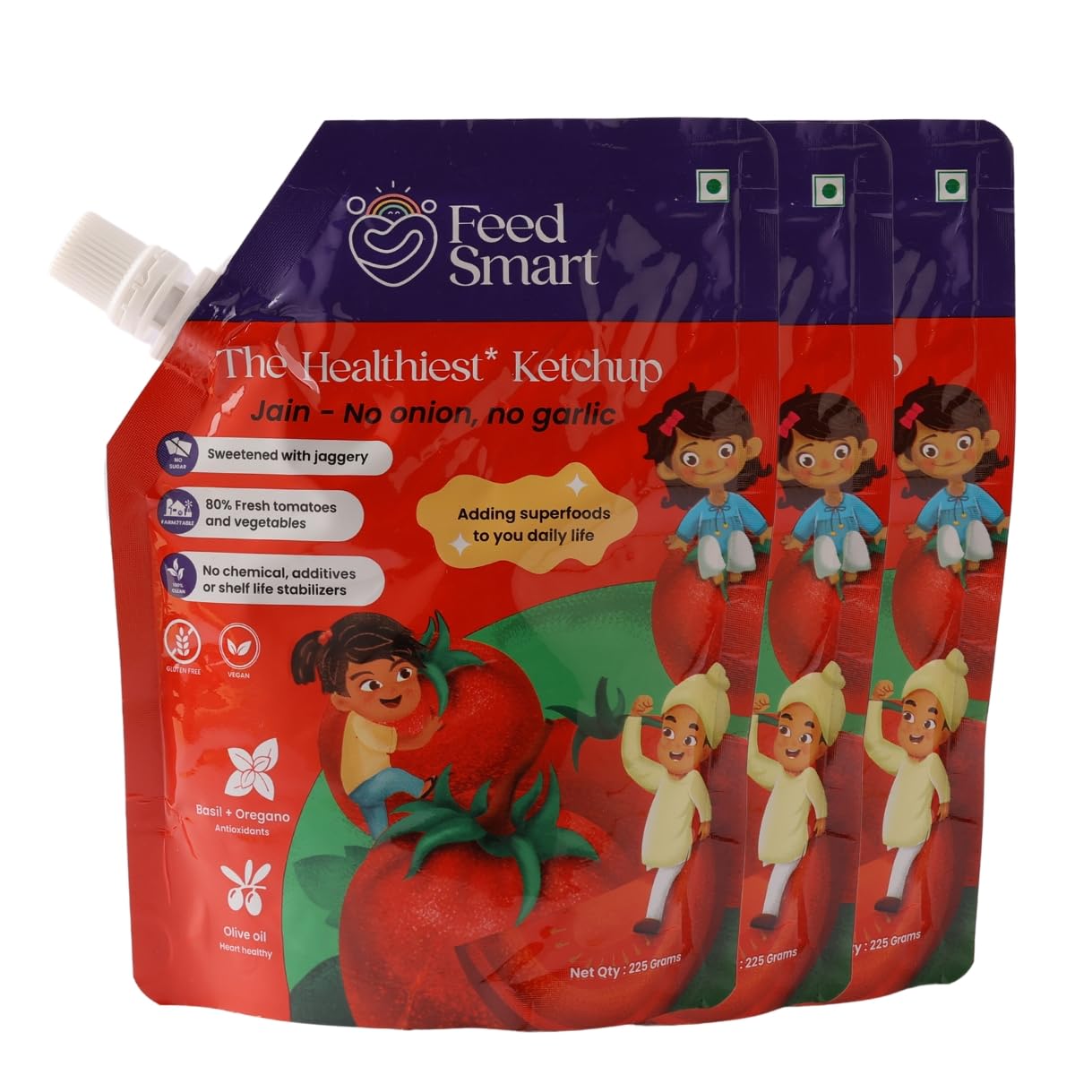 FeedSmart Jain Tomato Ketchup: 80% Fresh Tomatoes, Jaggery Sweetened, Chemical-Free, No Additives 100% Clean, Farm Fresh, Real Red Ripe Joy In Every Bite No Onion, No Garlic (Pack Of 3)-225 Gm